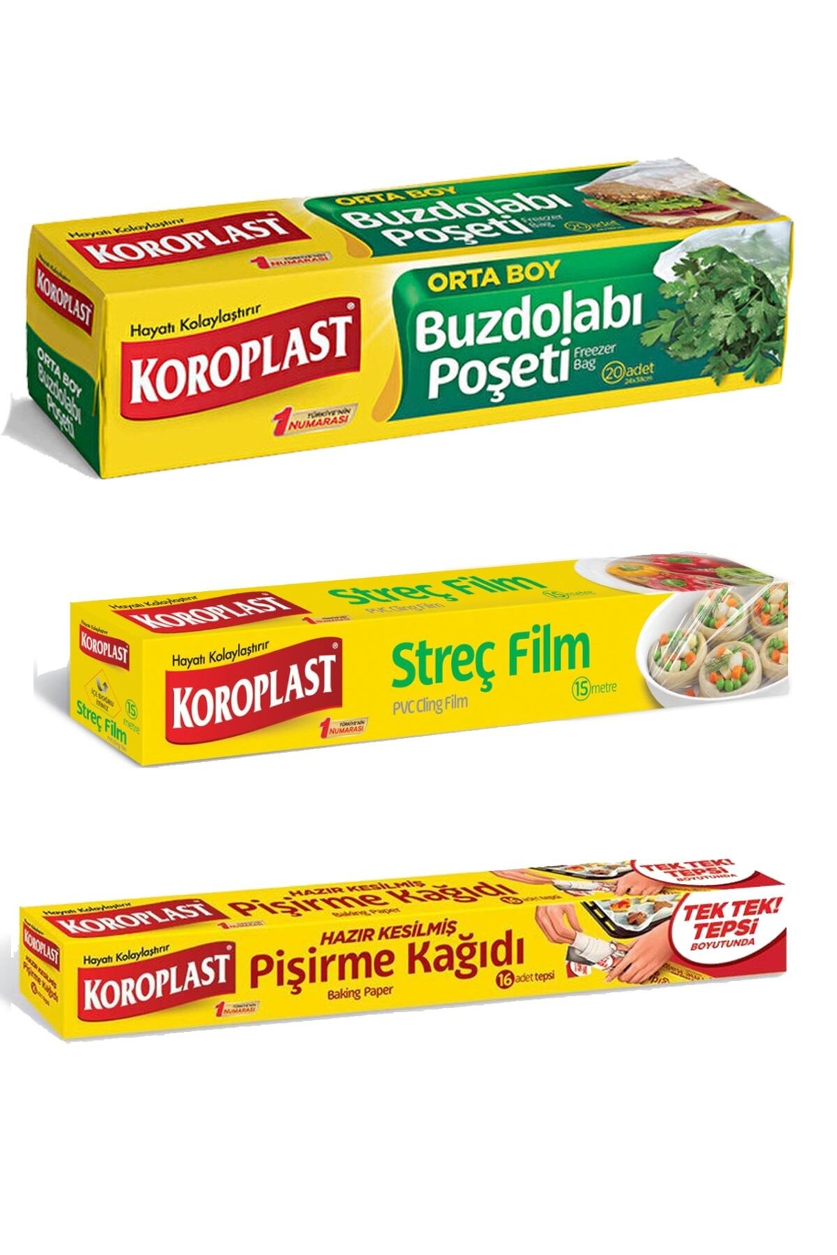 3lü Paket Buzdolabı Poşeti 20 Li + Hazır Kesim Pişirme Kağıdı 16 Lı +streç Film 15 M