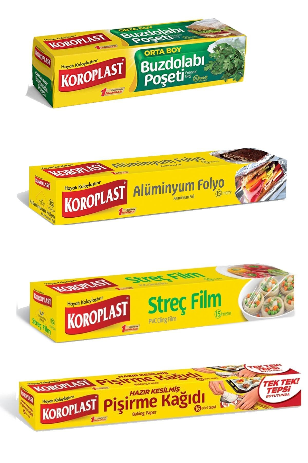 4'lü Paket Buzdolabı Poşeti + Hazır Kesim Pişirme Kağıdı + Streç Film + Alüminyum Folyo