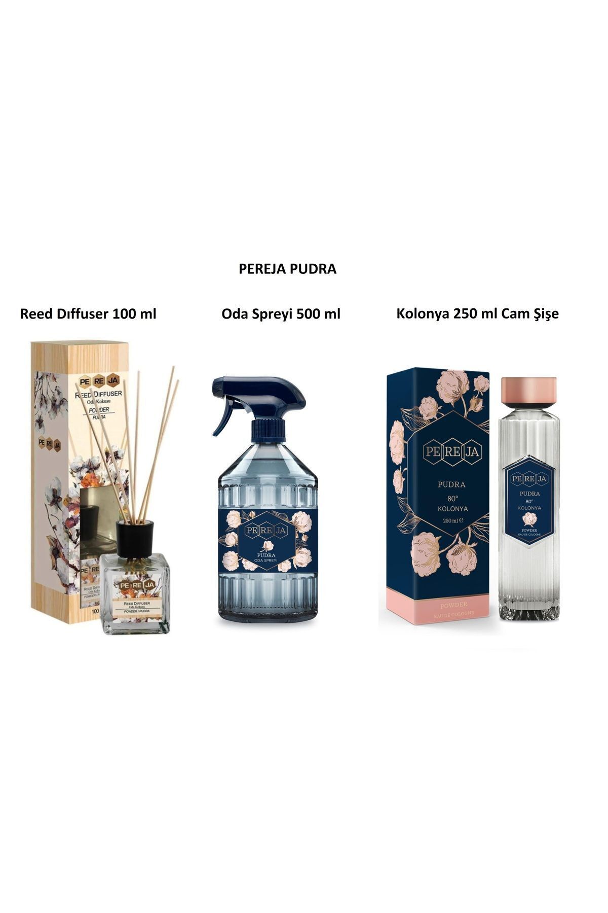 Pudra Koku Serisi Kolonya cam Şişe 250 ml Sprey, Oda Kokusu 500 ml, Çubuklu Oda Kokusu 100 ml
