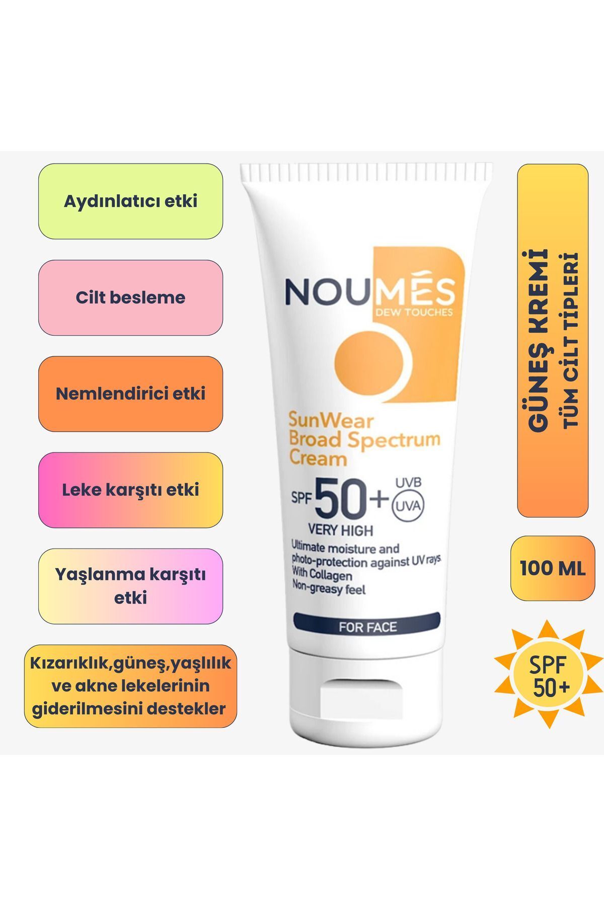 Noumes Sunwear Spf 50 Leke Karşıtı,yaşlanma Karşıtı,aydınlatıcı,nemlendirici Yüz Güneş Kremi 100 ml