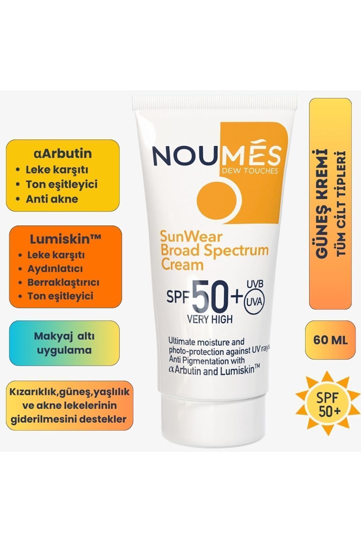 Noumes SPF 50+ Leke Karşıtı,Aydınlatıcı,Ton Eşitleyici,Akne Karşıtı,Nemlendirici Güneş Kremi 60 ML