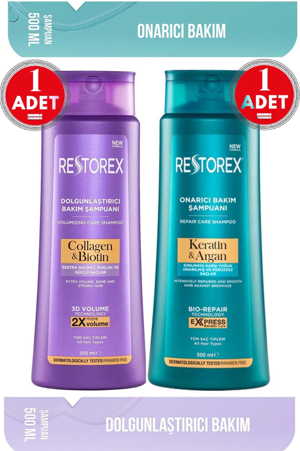 Keratin & Argan Şampuan 500 Ml + Collagen&biotin Dolgunlaştırıcı Şampuan 500 Ml