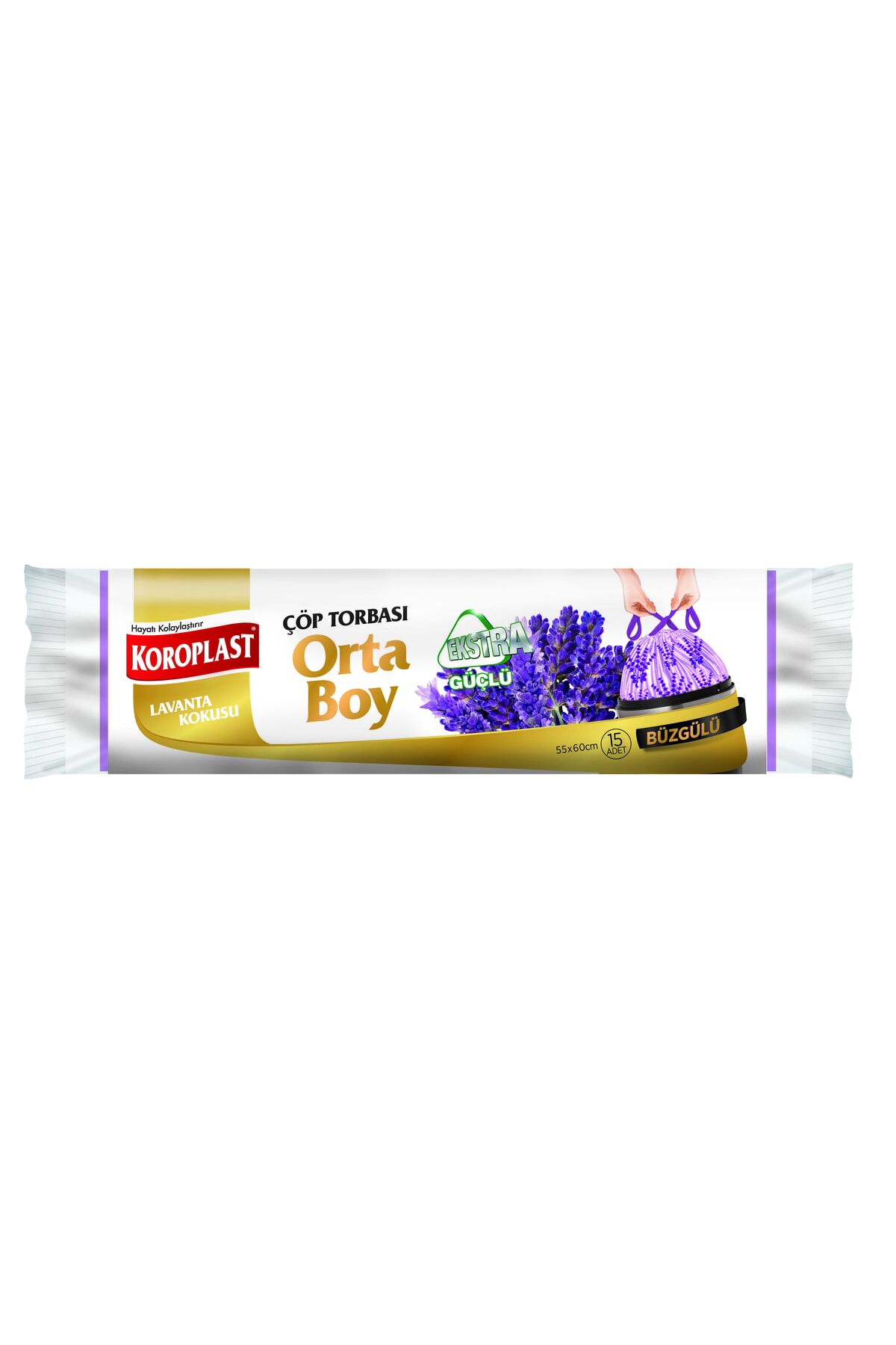 Lavanta Kokulu Orta Boy Büzgülü Çöp Poşeti 15'li 55x60 cm, Sızdırmaz, Dayanıklı