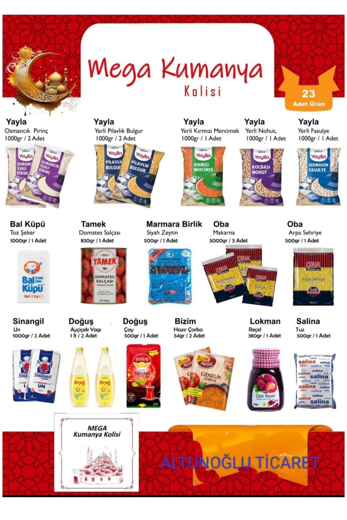 Ramazan paketi kumanya yardım gıda erzak kolisi 18 parça ürün 13 kg