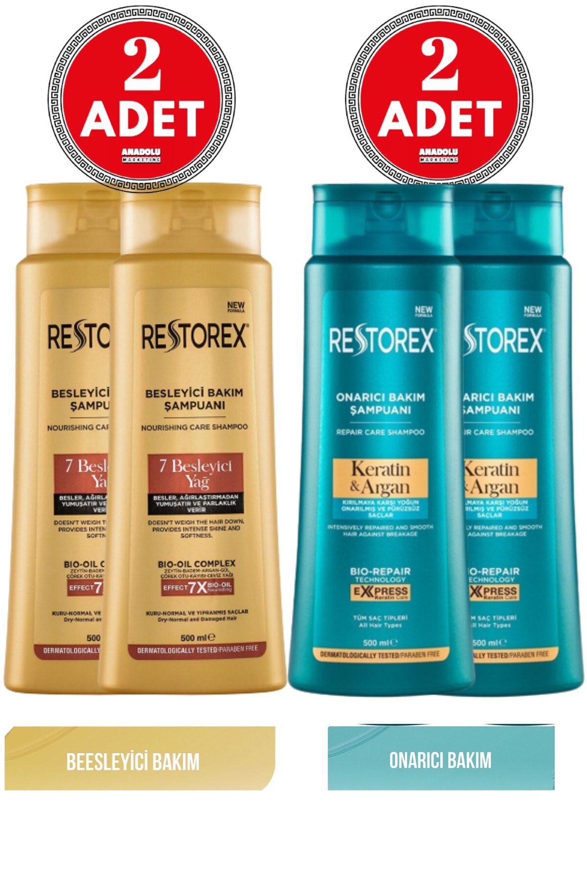 Bakım Şampuanı 7 Besleyici Yağ 500 Ml 2 Adet + Keratin & Argan Şampuan 500 Ml 2 Adet