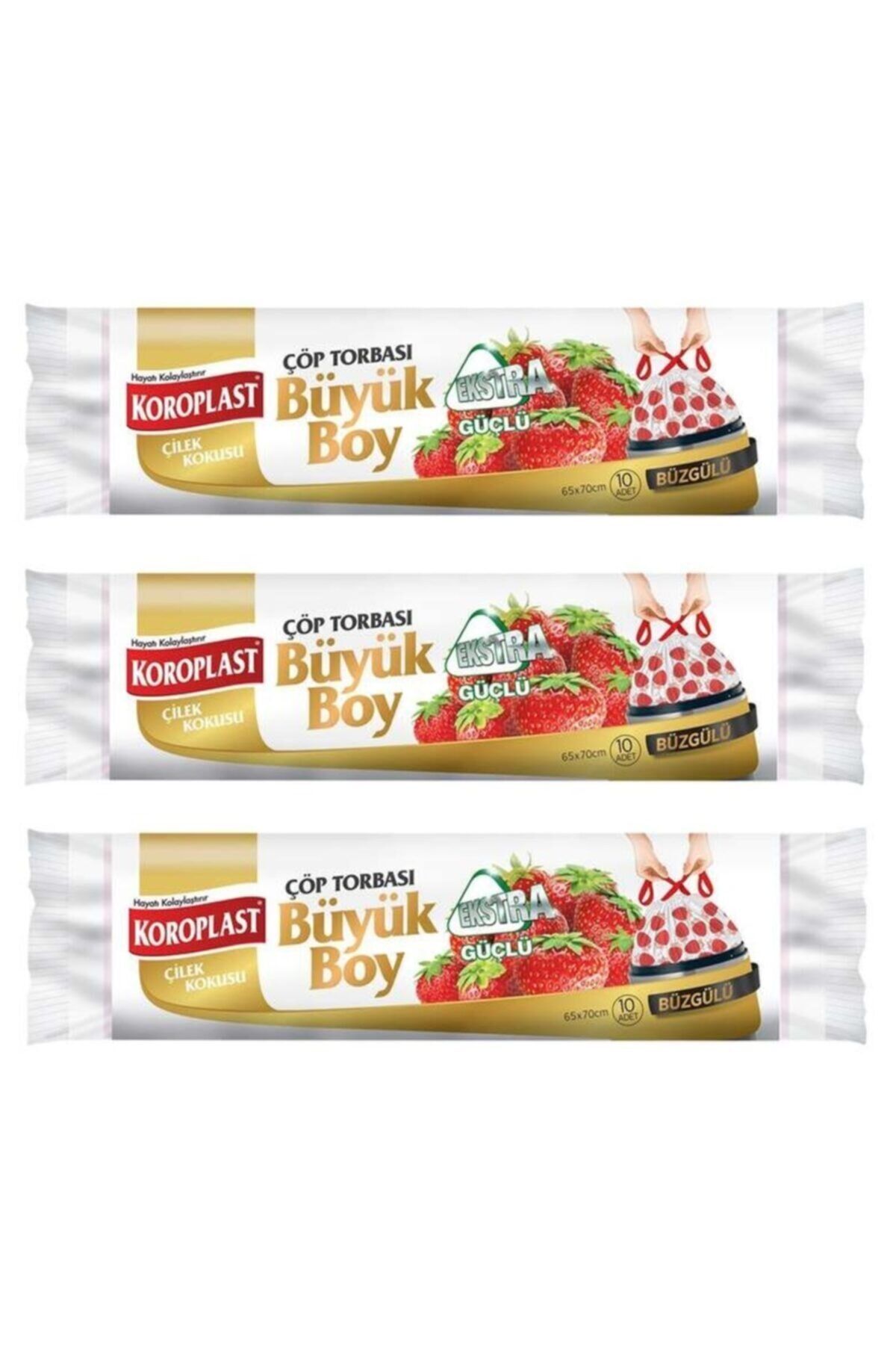 Ekstra Güçlü Çilek Büzgülü Büyük Boy 10lu Çöp Torbası X 3 Paket (65*70 Cm)