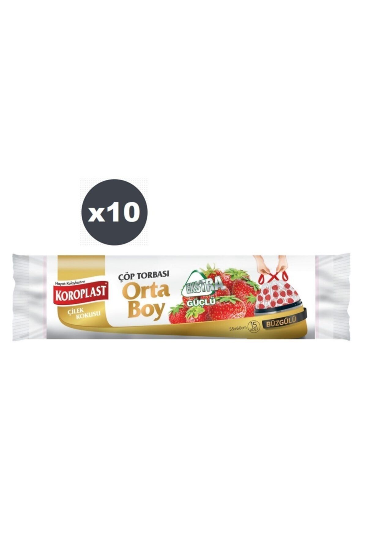 Ekstra Güçlü Çilek Büzgülü Orta Boy 15li Çöp Torbası X 10 Paket