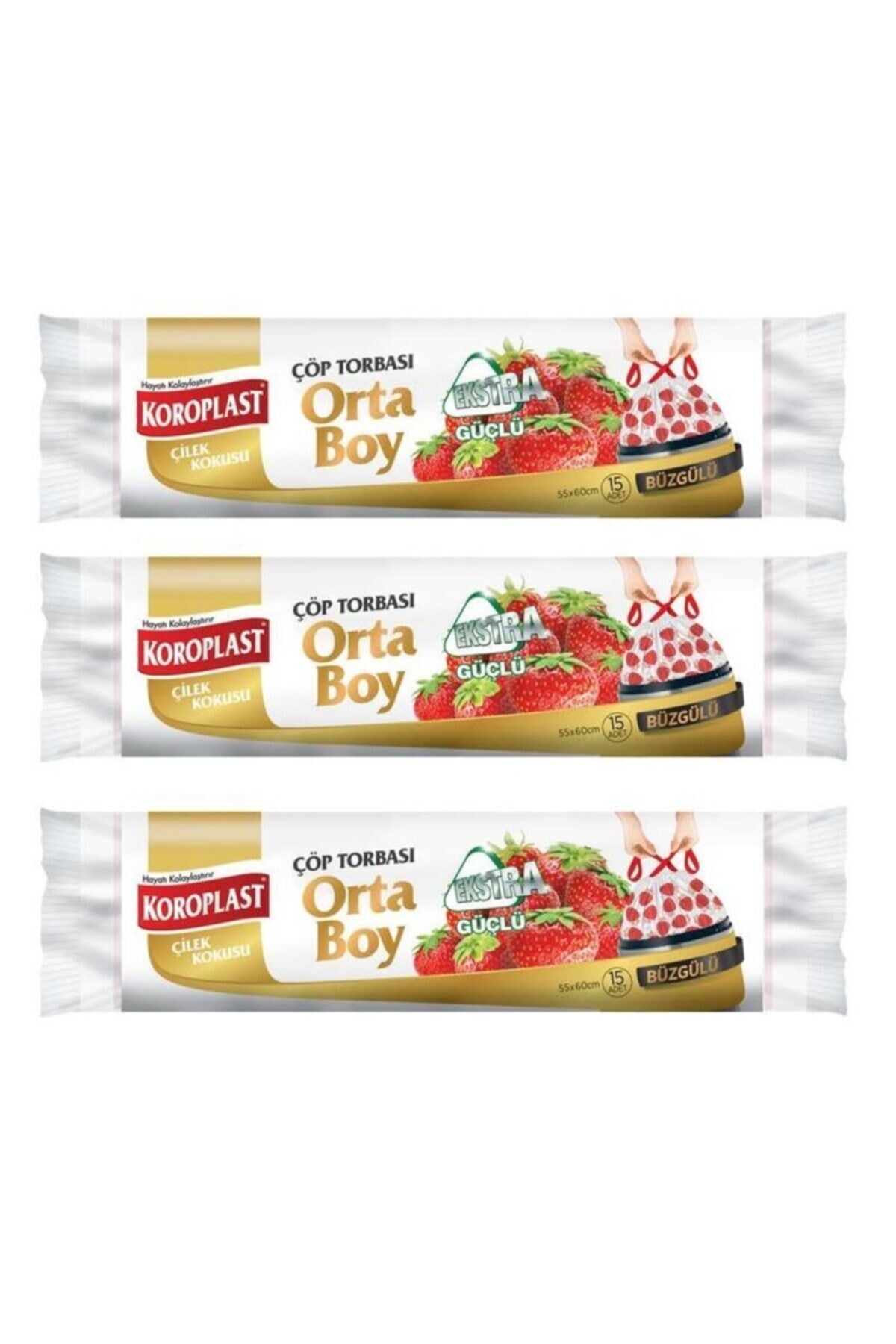 Ekstra Güçlü Çilek Büzgülü Orta Boy 15li Çöp Torbası X3 Paket