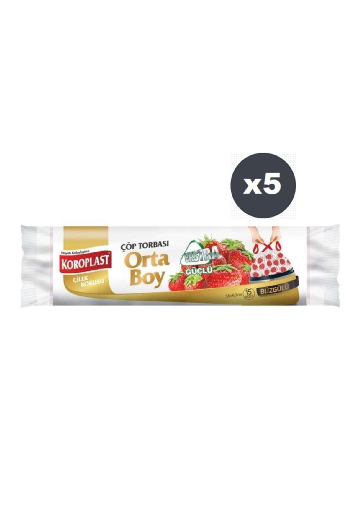 Ekstra Güçlü Çilek Büzgülü Orta Boy 15li Çöp Torbası X5 Paket