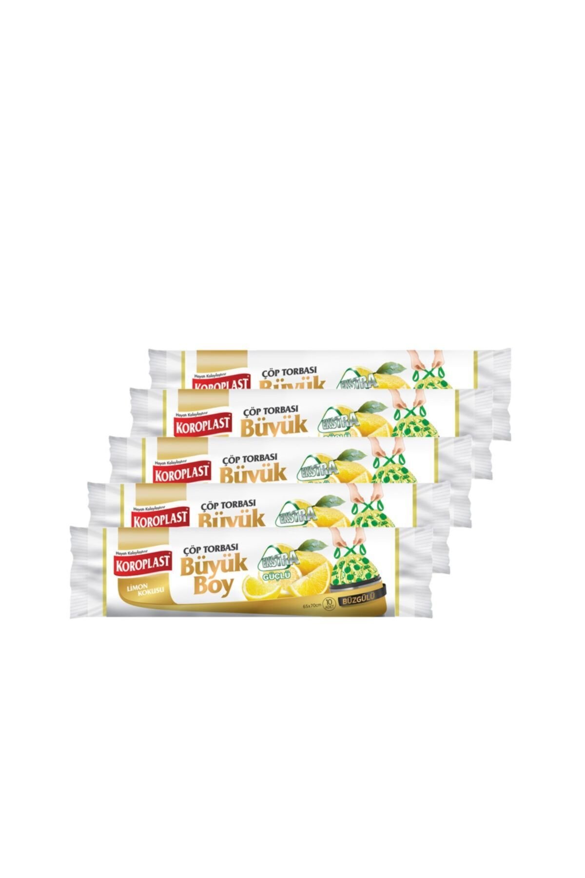 Koroplast Ekstra Güçlü Büyük Boy Limon Kokulu Büzgülü Çöp Torbası 65x70cm - 10'lu X 5 adet