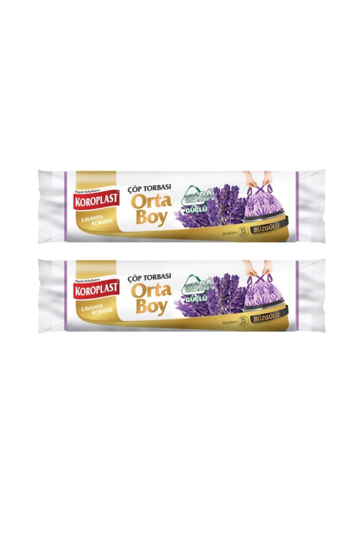Koroplast Ekstra Güçlü Orta Boy Lavanta Kokulu Büzgülü Çöp Torbası 55x60cm - 15'li X 2 Ad.