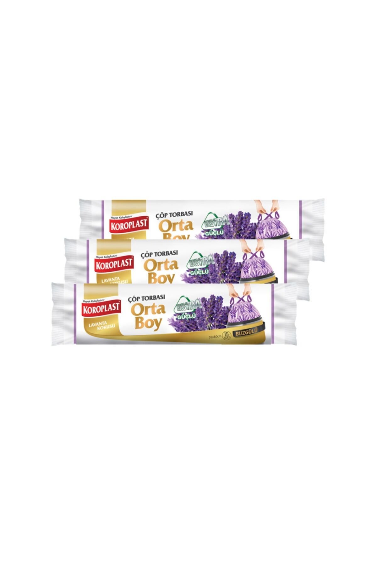 Koroplast Ekstra Güçlü Orta Boy Lavanta Kokulu Büzgülü Çöp Torbası 55x60cm - 15'li X 3 ad.