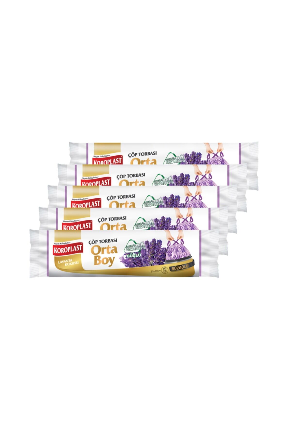 Koroplast Ekstra Güçlü Orta Boy Lavanta Kokulu Büzgülü Çöp Torbası 55x60cm - 15'li X 5 ad.