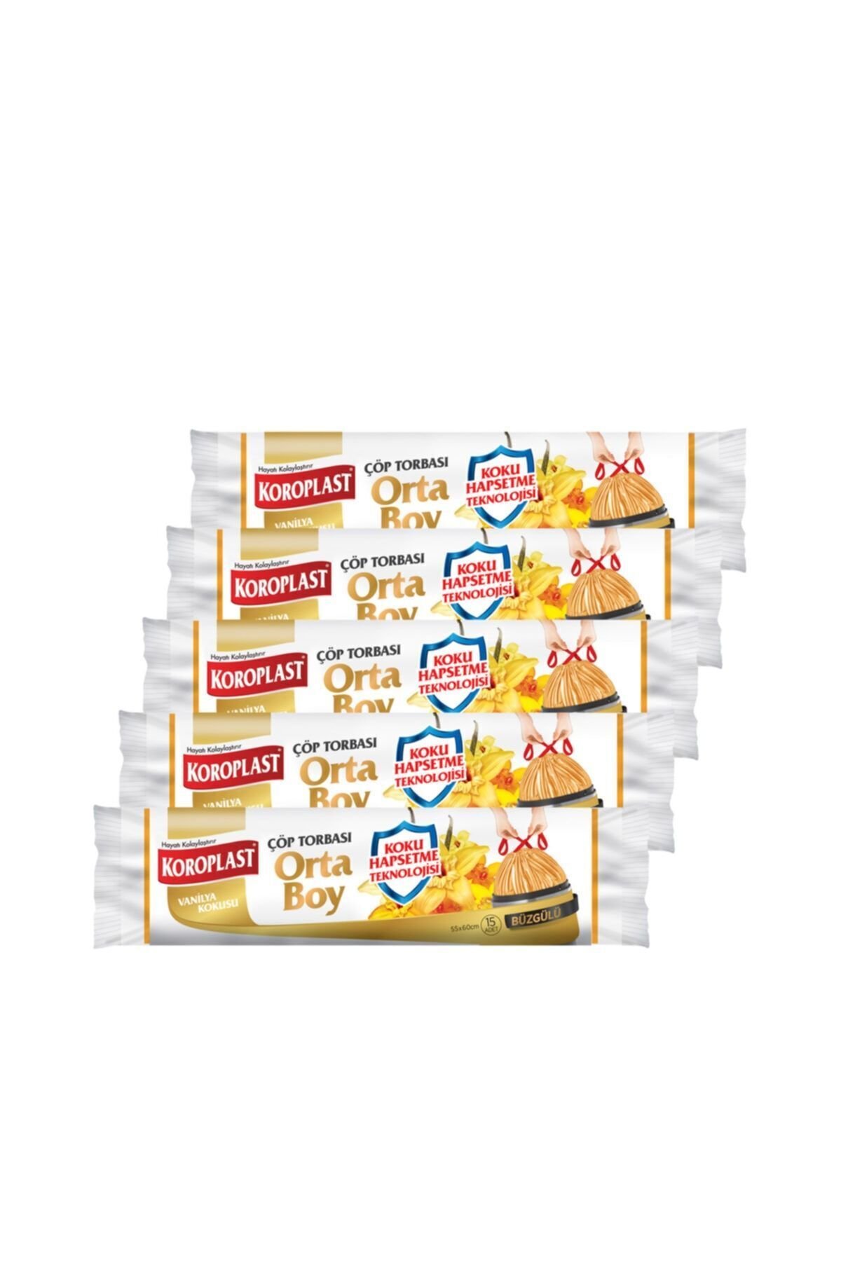 Koroplast Koku Hapsetmeli Orta Boy Vanilya Kokulu Büzgülü Çöp Torbası 55x60cm - 15'li X 5 ad.