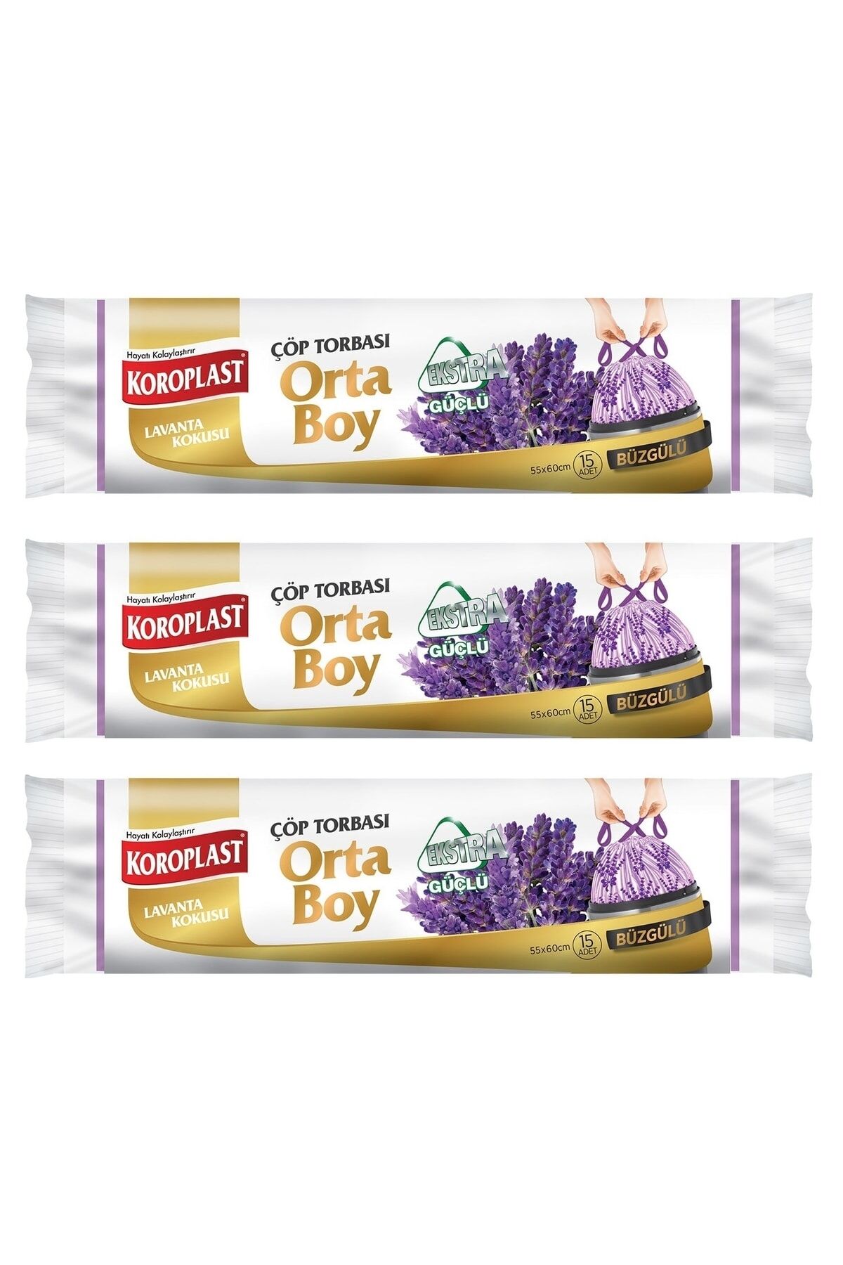 Ekstra Güçlü Lavanta Büzgülü Orta Boy Çöp Torbası 15'li X 3 Paket