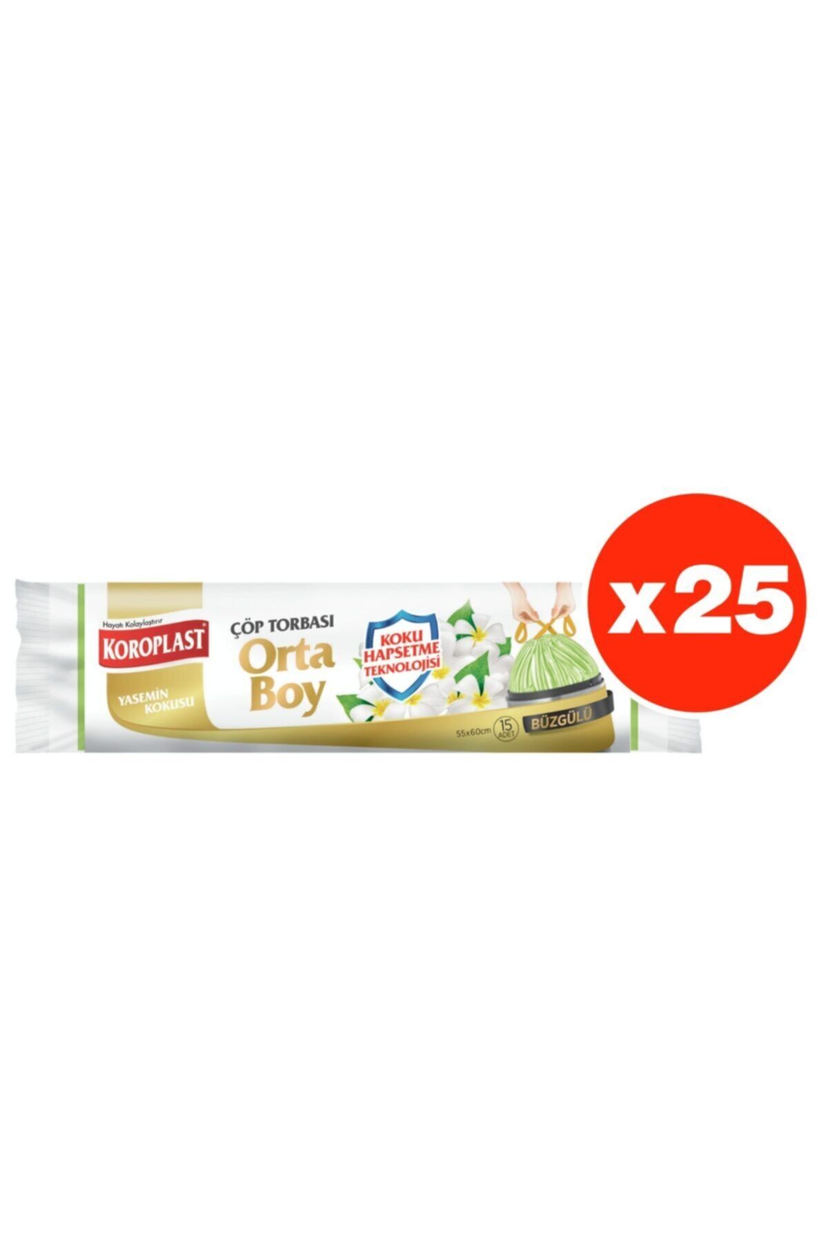 Koku Hapsetme Yasemin Büzgülü Orta Boy 15li Çöp Torbası X 25 Paket (55*60 Cm)