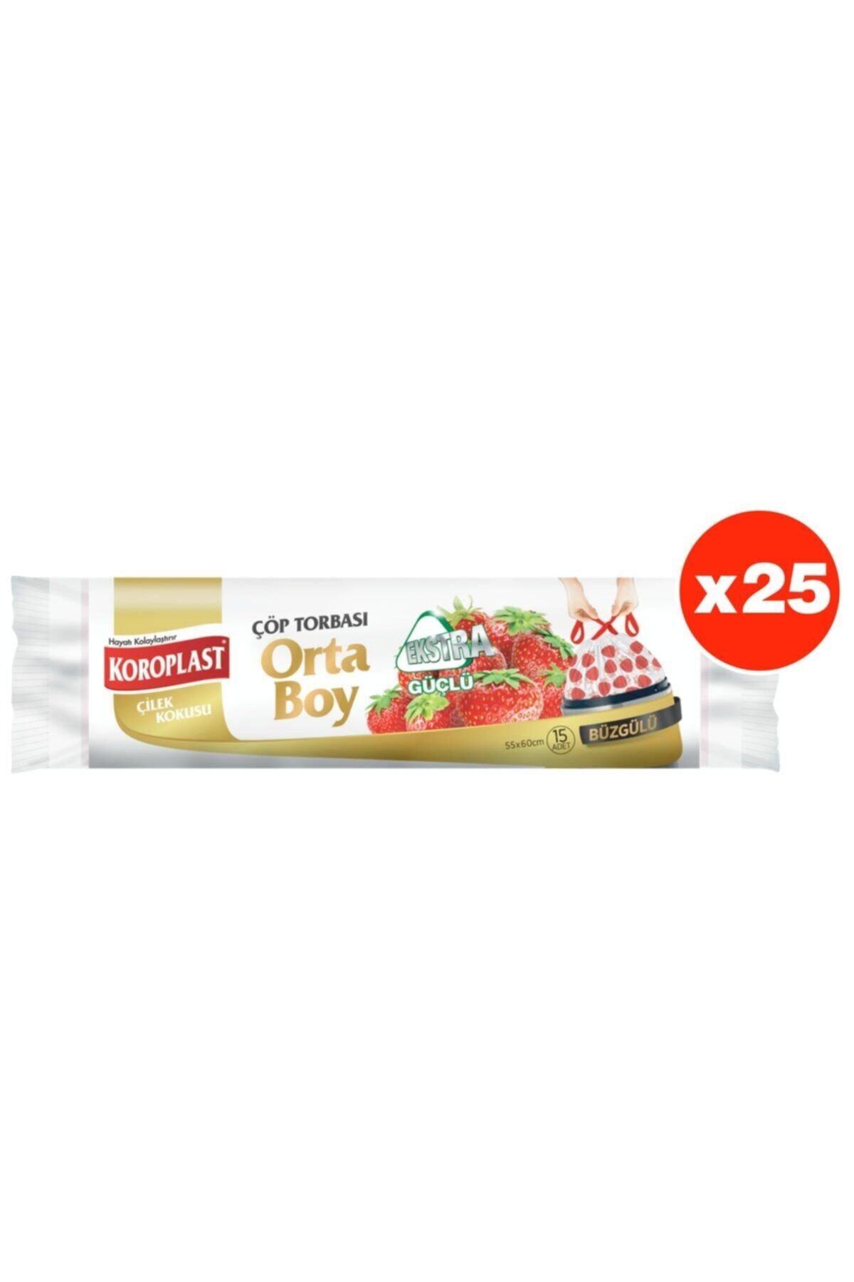 Ekstra Güçlü Çilek Büzgülü Orta Boy 15li Çöp Torbası X 25 Paket (55*60 Cm)