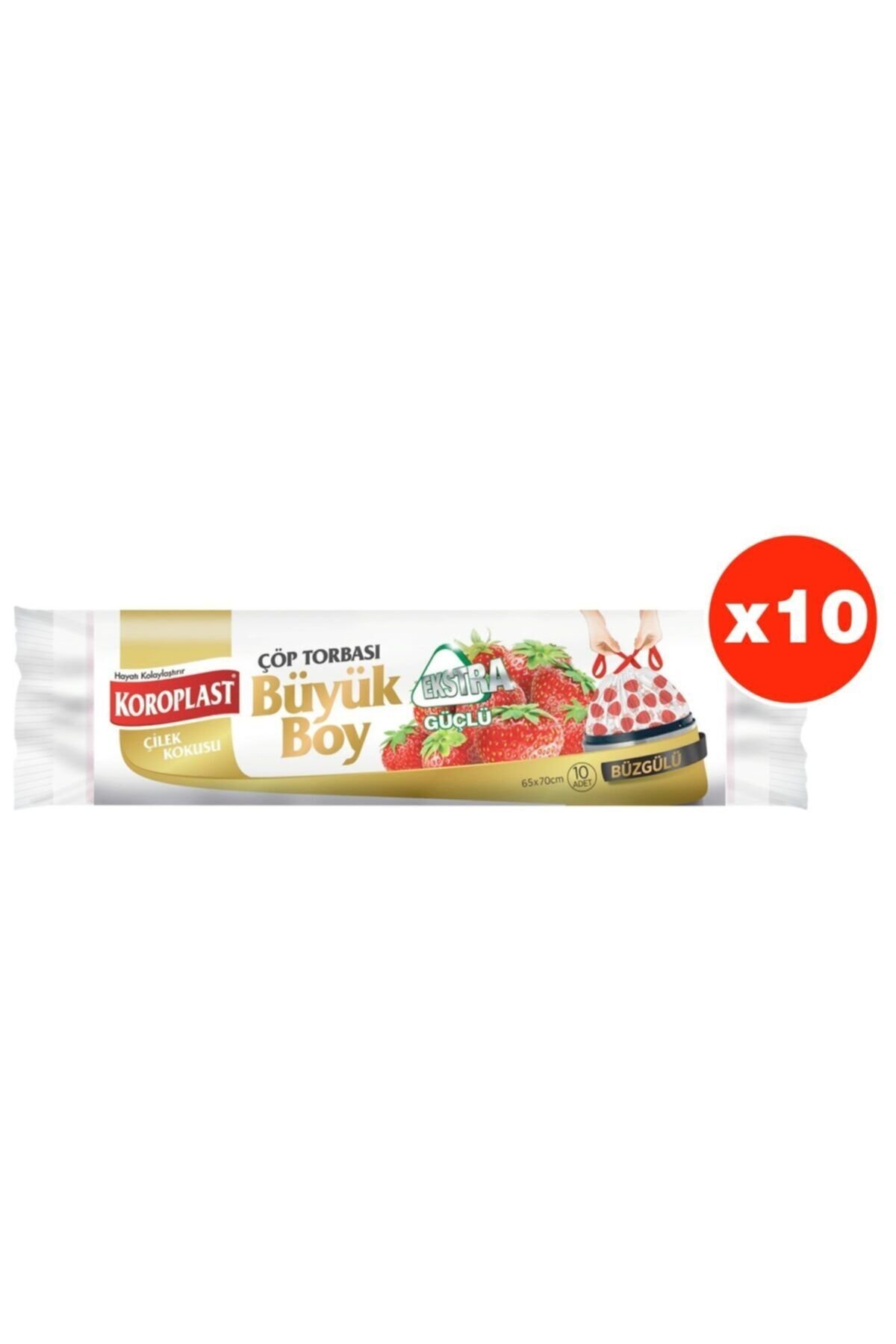 Ekstra Güçlü Çilek Büzgülü Büyük Boy 10lu Çöp Torbası X 10 Paket (65*70 Cm)