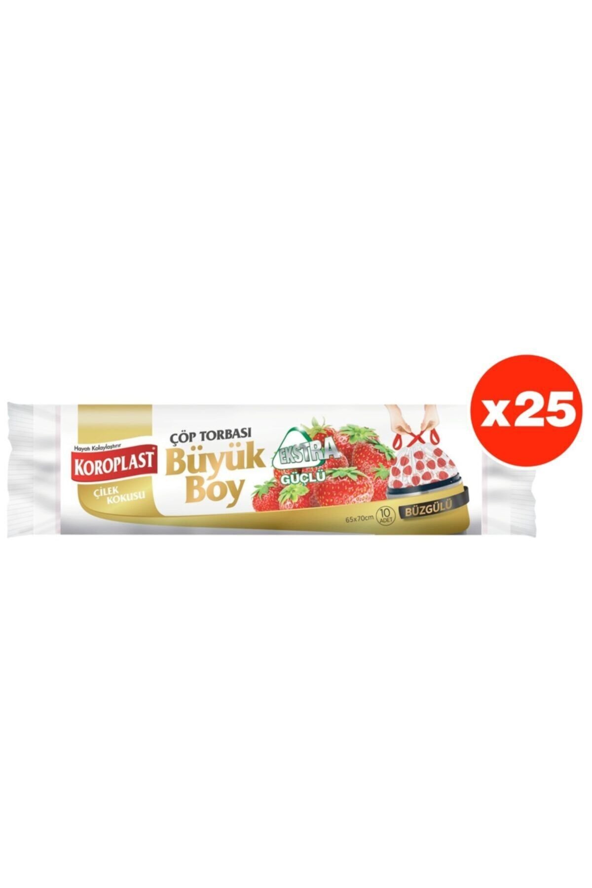 Ekstra Güçlü Çilek Büzgülü Büyük Boy 10lu Çöp Torbası X 25 Paket (65*70 Cm)