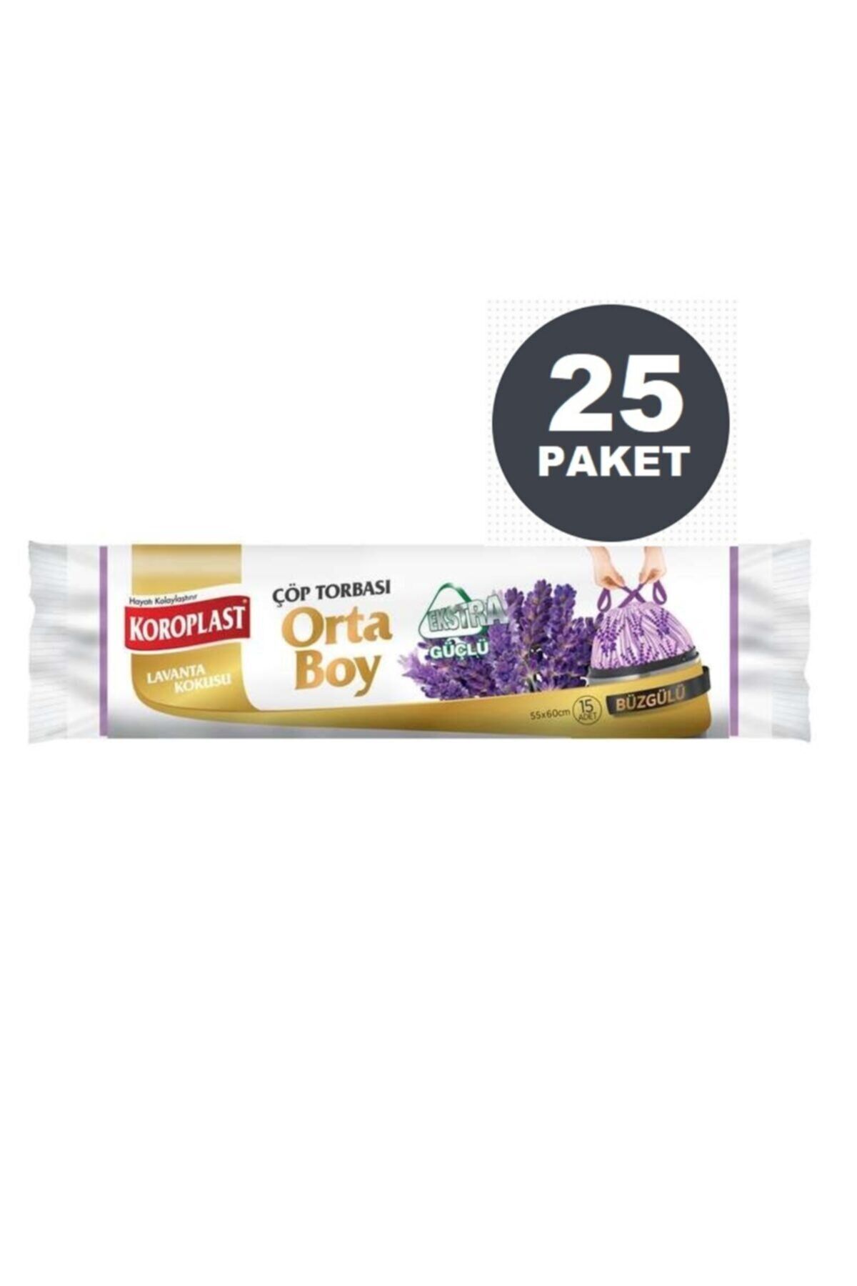 Ekstra Güçlü Lavanta Büzgülü Orta Boy Çöp Torbası 15li  X 25 Paket (55x60 cm)